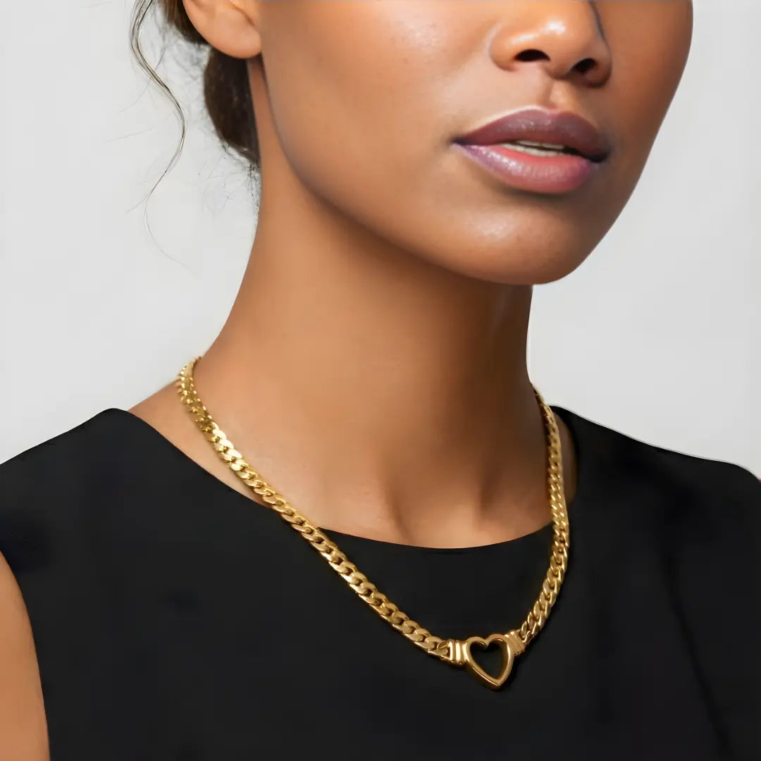 18K Gold Filled Central Heart Cuban Link Chain Necklace – Bold Statement Collar Necklace for Women